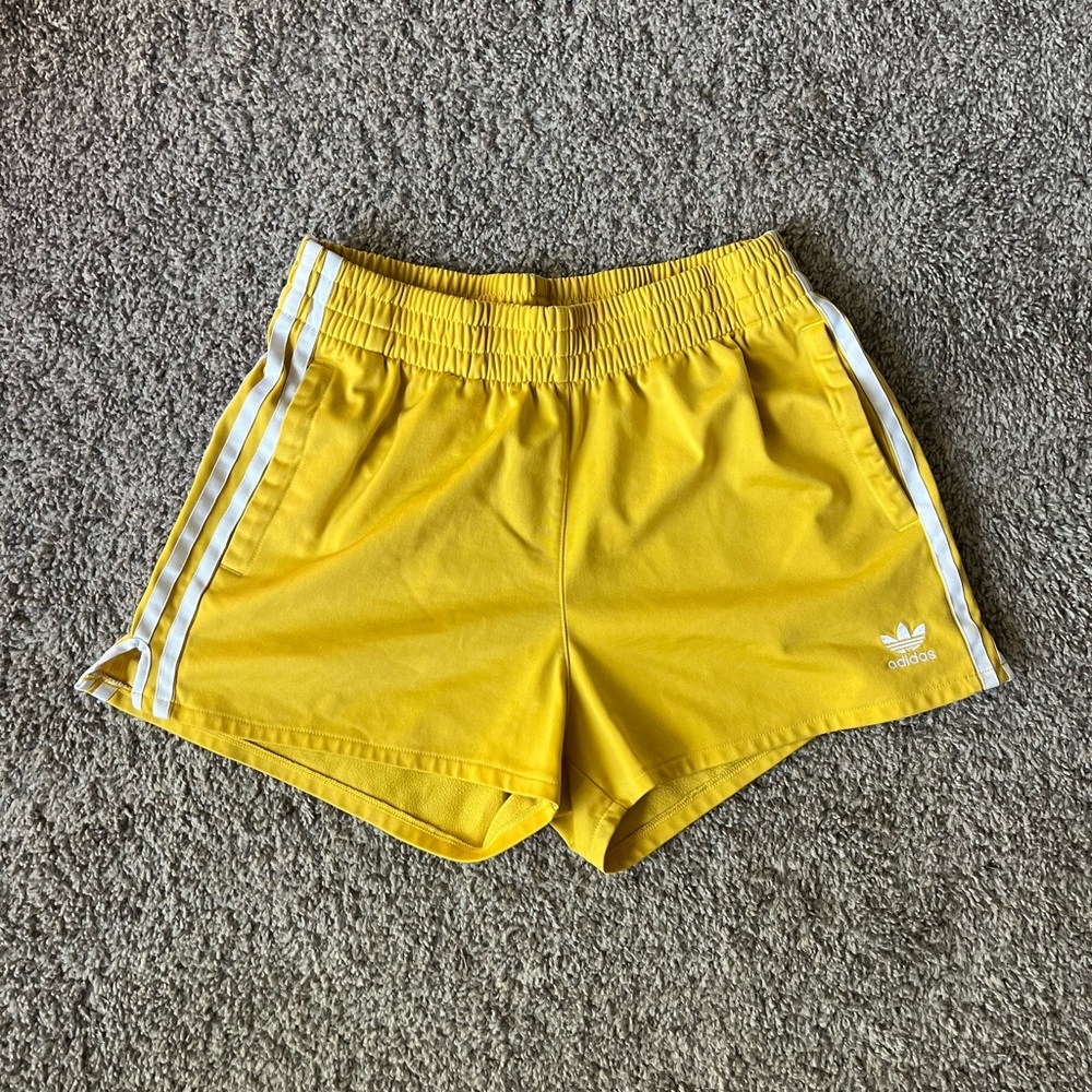 Adidas Bright Yellow Shorts with White Stripes Front Pockets Logo Size S Comfy